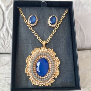 Royal Blue and Gold Necklace + Earring Set